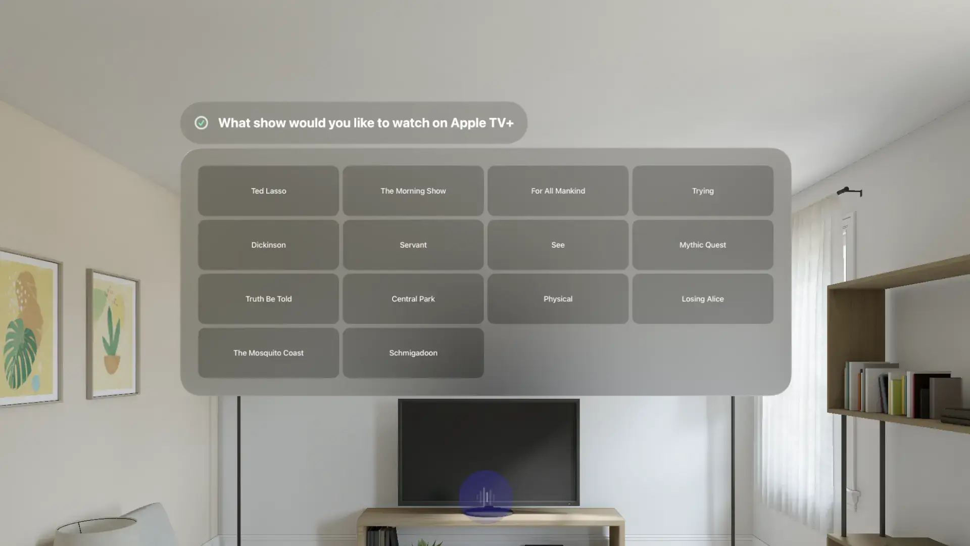 Vocable AAC app presenting Apple TV+ show options on the Vision Pro