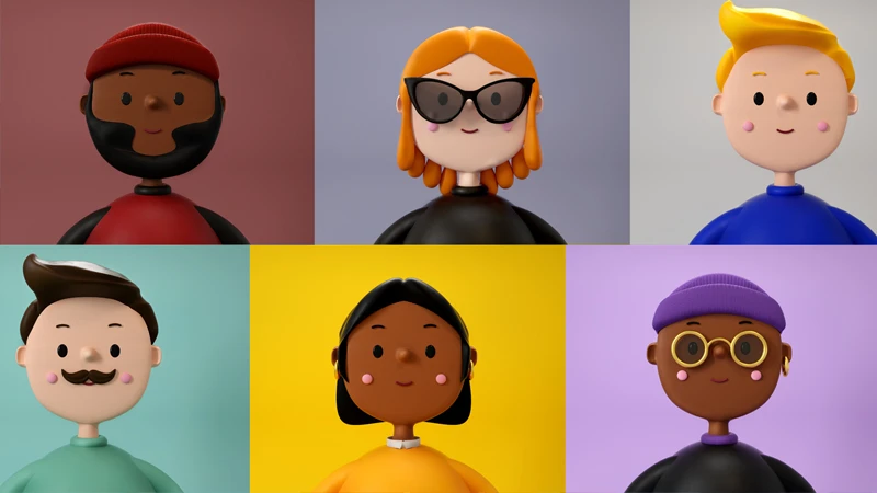 Grid displaying six different 3D avatars of different individuals