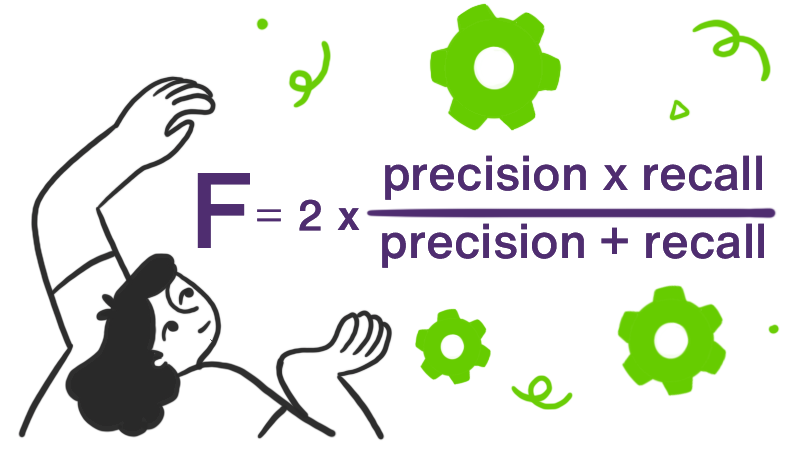 Illustration of a person beside the equation for F1 score: F=2 x precision x recallprecision + recall 