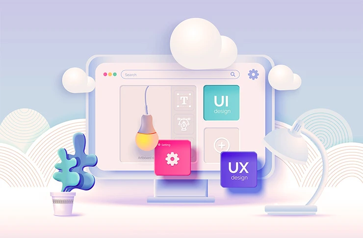 Illustration of a computer monitor displaying user interface (UI) and user experience (UX) design, featuring a lightbulb and clouds