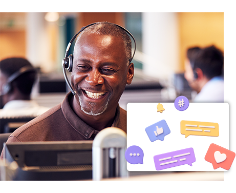 contact center agent in a call center setting with social media icons