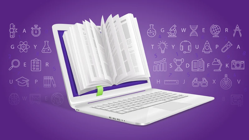 Illustration of laptop computer with book pages coming out of it, and various labeled icons in the background, meant to symbolize a knowledge base