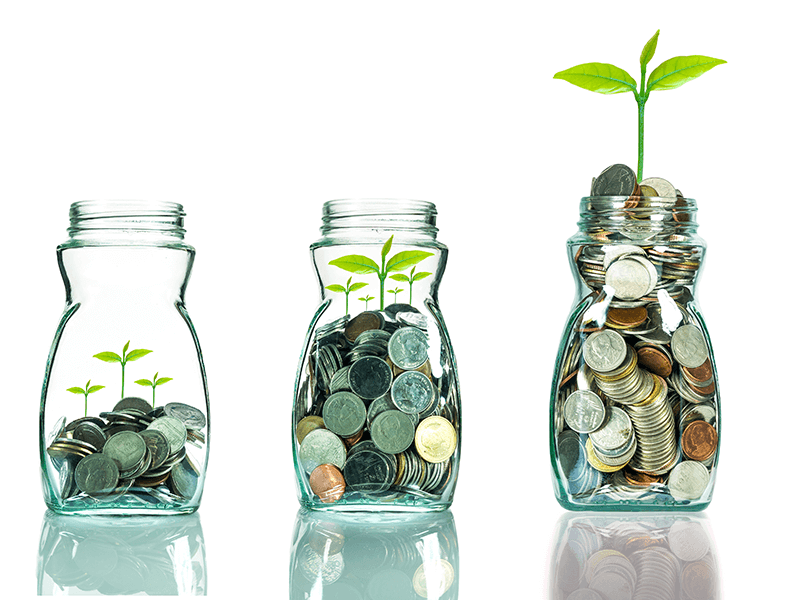 three jars of change in a row, each with a little bit more than the last, and a small sprout coming out of the top