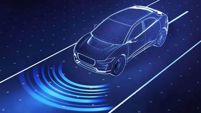 Illustration of an autonomous car using its sensors to drive on a road.