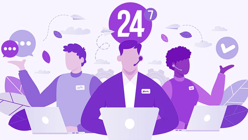 Three customer service agents behind computers with various iconography floating around them, including conversation bubbles, paper airplanes, check marks and "24/7", all meant to symbolize right channeling 
