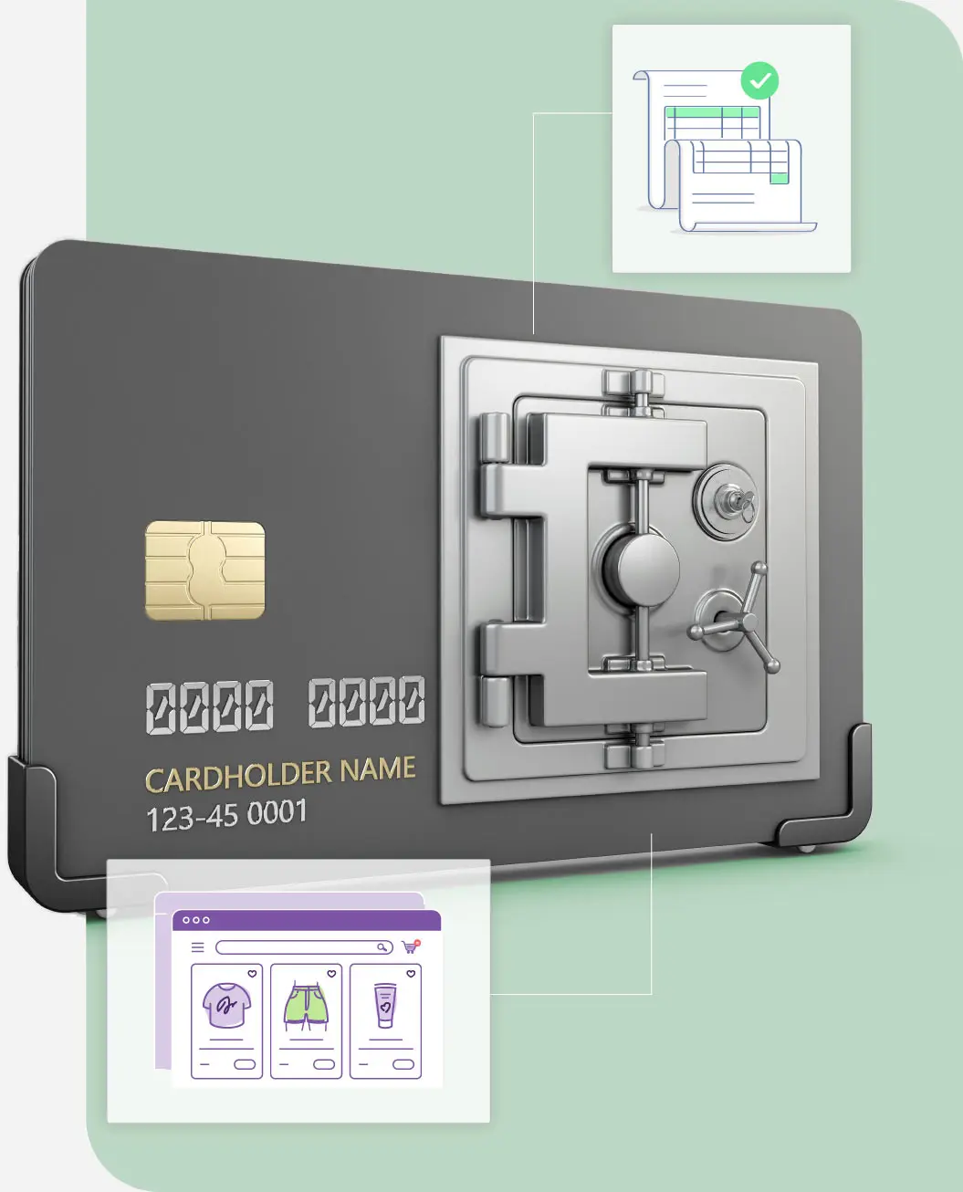 Illustration of a payment card and the front of a vault, meant to symbolize fraud prevention