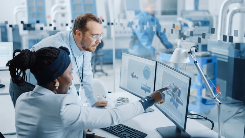 Woman pointing to monitor while male colleague looks intently