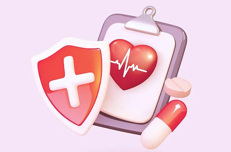 An illustration of a shield with a cross on it, a clipboard with a heart on it and prescription pills overlaid.