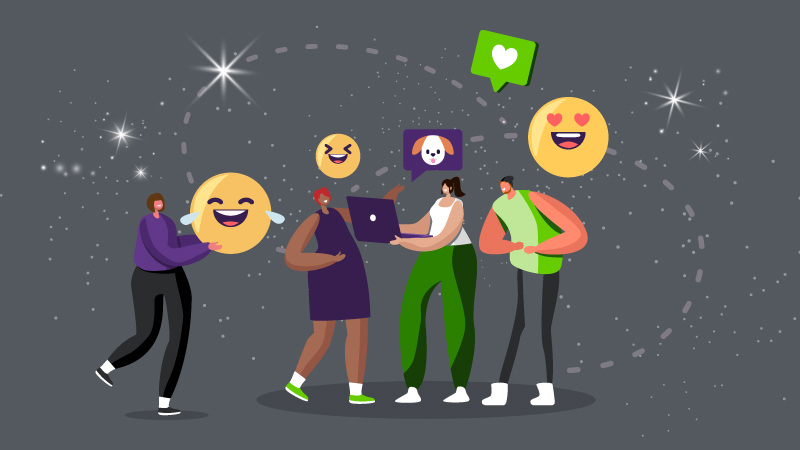 Illustration of people interacting with technology and emojis