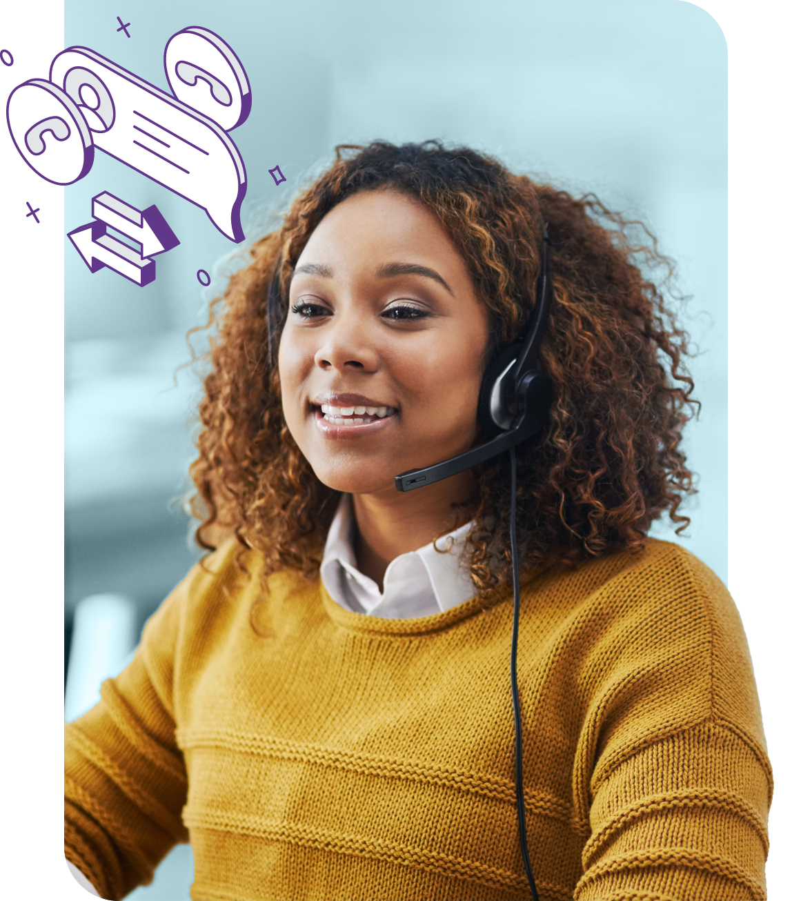 A smiling customer support agent with an overlay of various symbols conveying support across channels