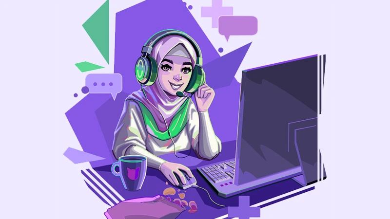 Illustration of a person sitting in front of a computer, wearing headphones and ready to offer player support