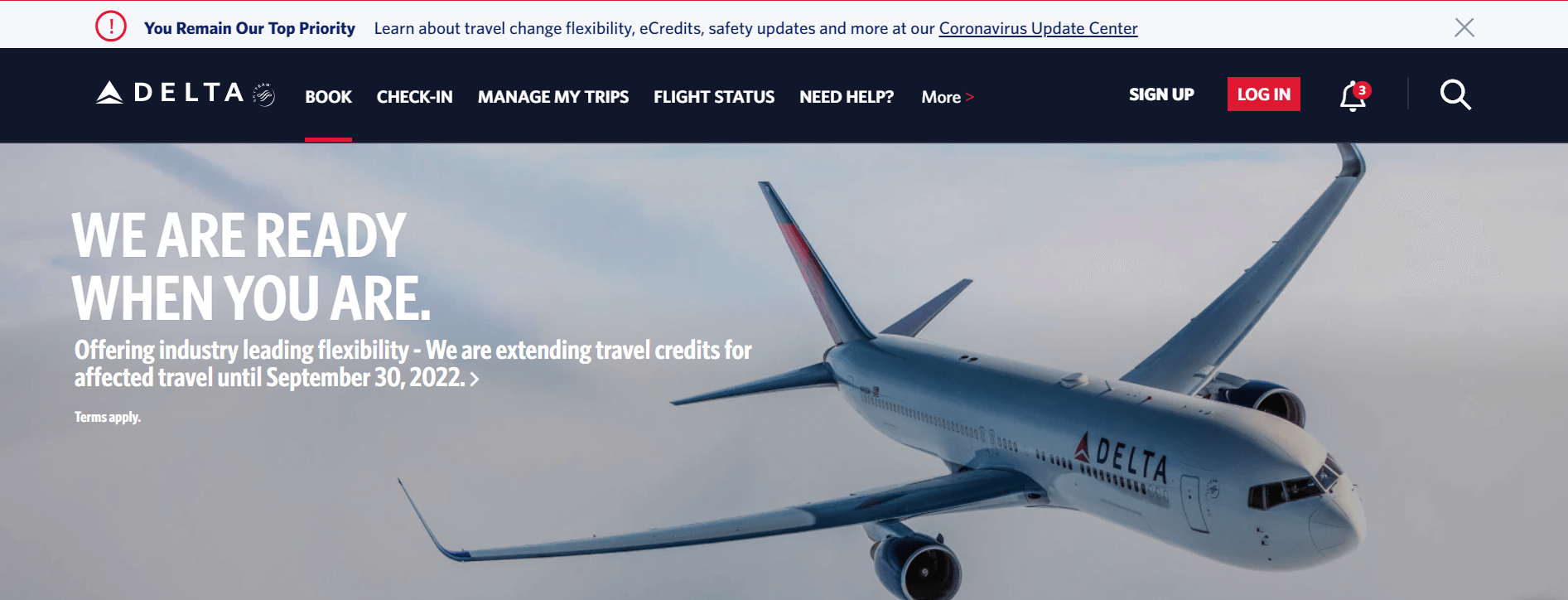Delta Airlines website screenshot