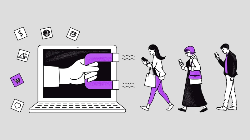 Illustration of a hand holding a magnet on a laptop screen attracting people on their phones, meant to symbolize eCommerce pull marketing