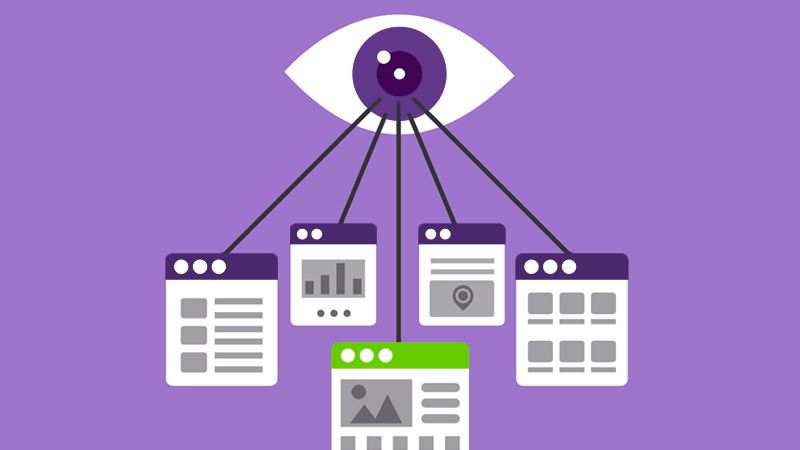 Illustration of an eye and various web pages, meant to symbolize visual search engines