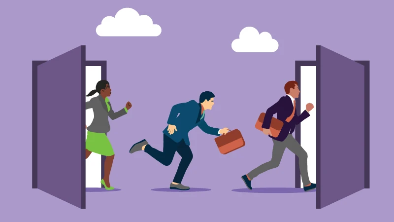An illustration of three employees holding briefcases exiting through a door and entering through another door.