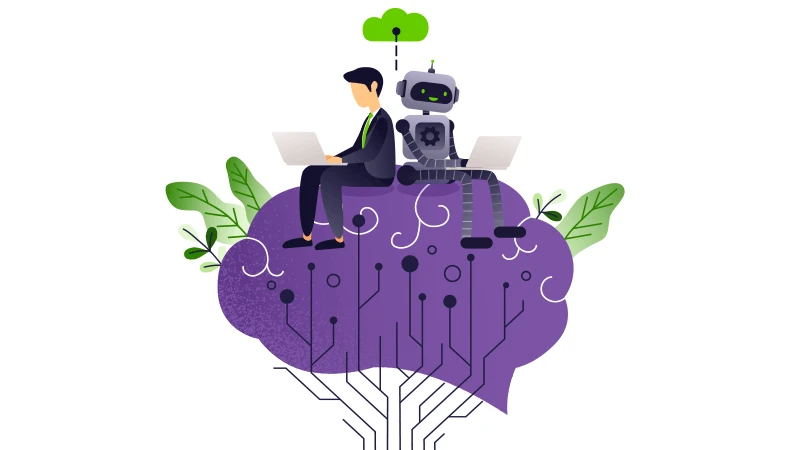 An illustration of a human and an artificial intelligence chatbot sitting together on top of a brain working on a computer towards a common goal. The partnership demonstrates the concept of augmented intelligence.