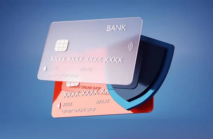 Bank cards and a shield, meant to convey trust and security in transactions