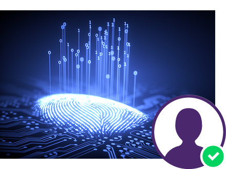 Illustration of a fingerprint with annotated zeroes and ones and an overlay of a profile picture, all meant to symbolize identity verification