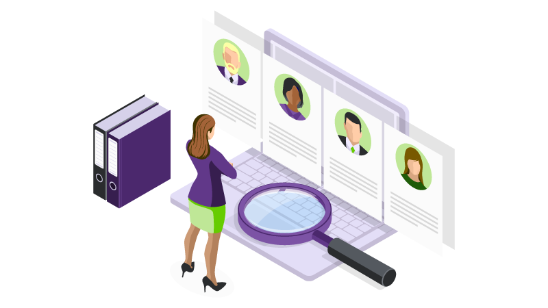 An illustration of a business woman standing in front of a computer screen which contains various job applications.