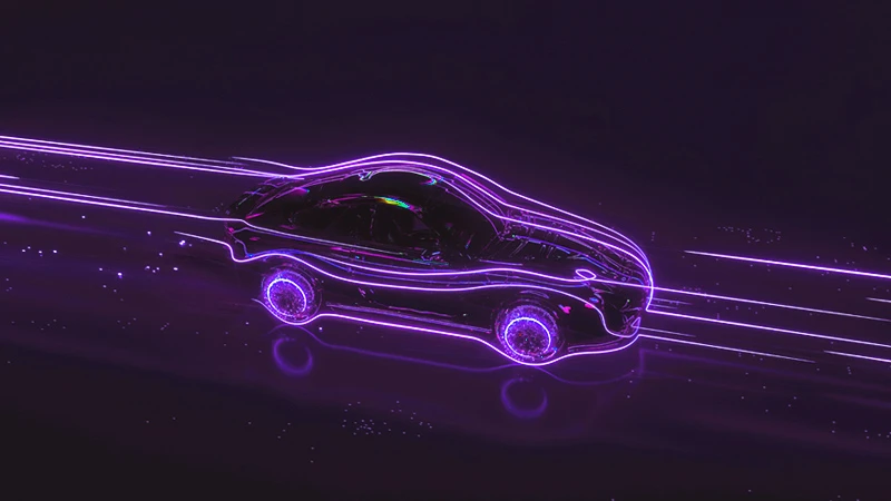 Futuristic illustration of a car in motion, meant to symbolize AI technology in the automotive industry