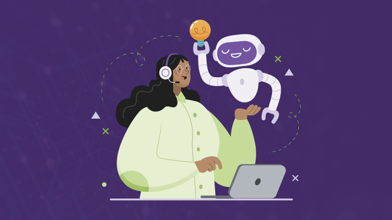 Episode cover image for Questions for now, a TELUS International podcast, featuring an illustrated character wearing a headset and working on a laptop, assisted by a robot holding a light bulb.