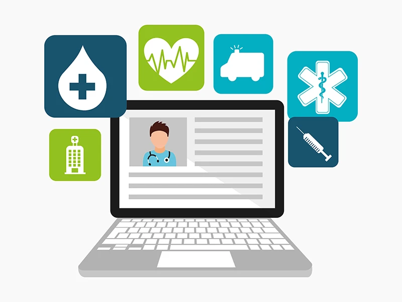 healthcare icons such as ambulance, heart rate, and more displayed on a computer monitor