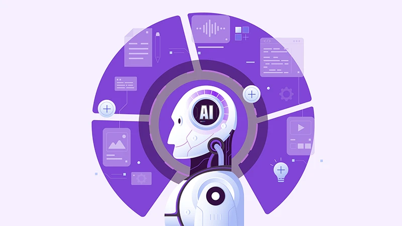 An illustration of a robot with icons around its head denoting the types of content that can be generated by AI, including, text, voice, video and code.