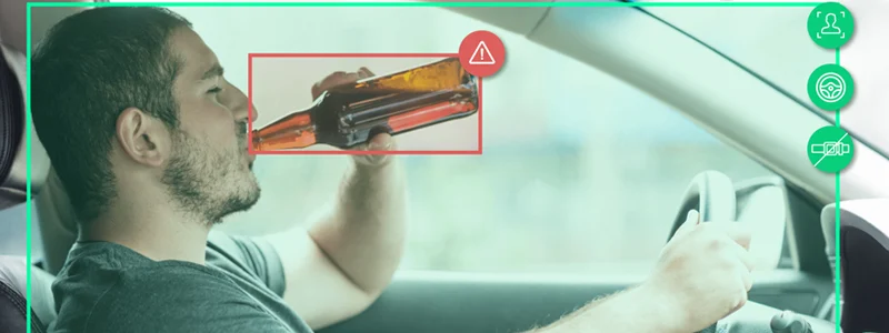Person driving car with annotations meant to convey intoxication detection