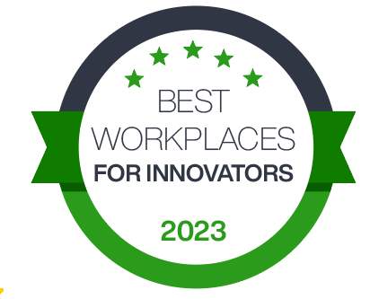 Circular badge with five stars and text that reads "Best workplaces for innovators 2023"