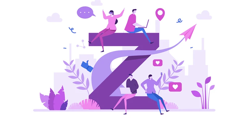 Illustration of a large 'Z' with people sitting on it and engaging with technology