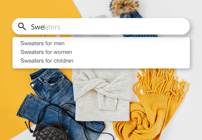 Snapshot of a search engine with autofill options related to sweaters