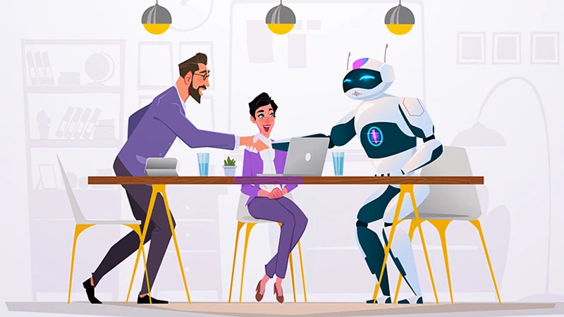 Two people and a robot at a table, with the robot shaking one person's hand, all meant to symbolize chatbot empathy