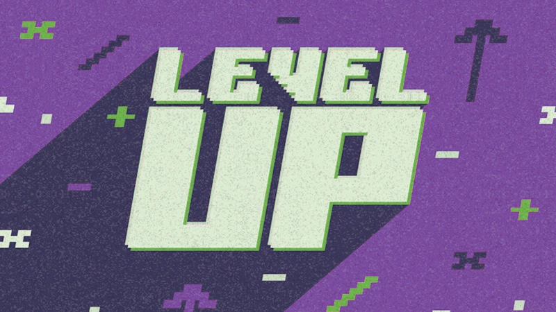 Pixel art illustration of the words "Level up" and accompanying icons like arrows