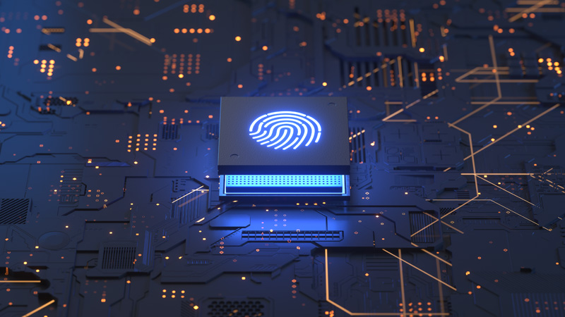 Futuristic looking technology depicting a finger print, meant to symbolize identity verification for fraud prevention