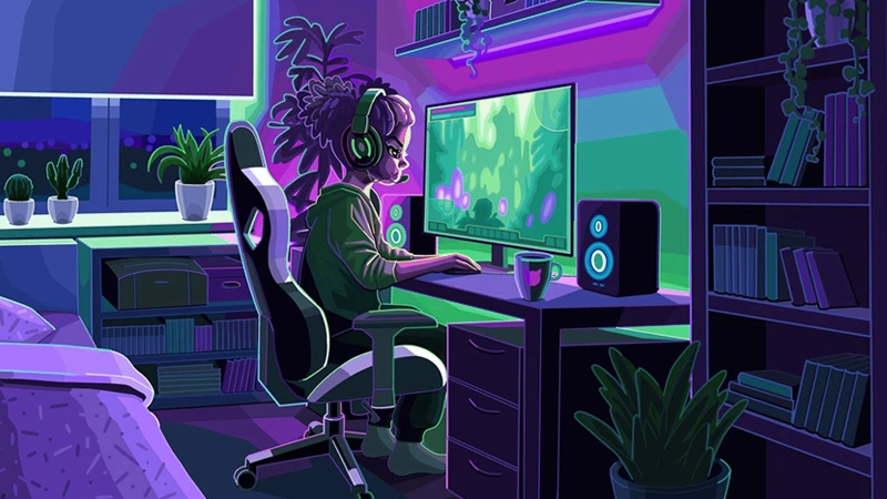 Illustration of a person playing video games on a desktop computer in a bedroom