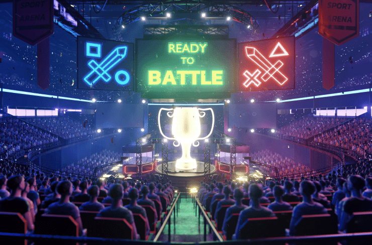 An illustration of a gaming arena with digital announcements on display
