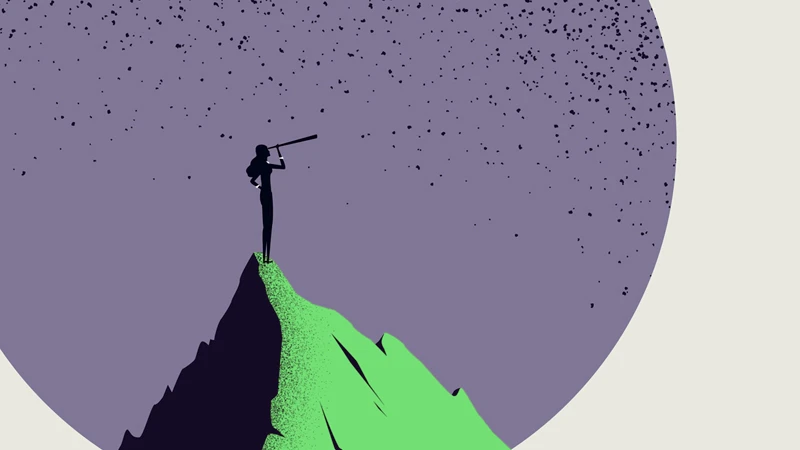 Illustration of a person on top of a mountain with a telescope, symbolizing a person looking to the future