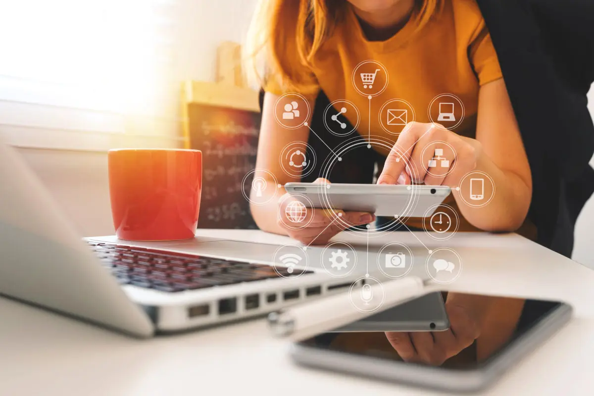 Girl working on a tablet with digital references overlay