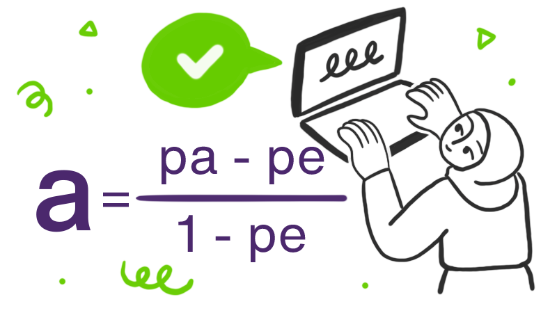 Illustration of a person on a laptop beside the equation for Krippendorf's alpha: a = pa - pe1 - pe