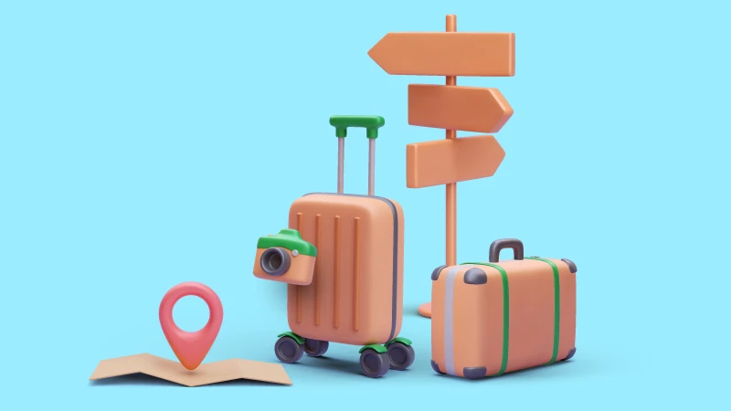 3D illustrations of various travel iconography