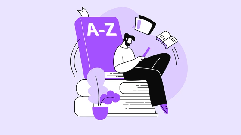 Illustration of person reading with a book that prominently displays "A-Z" in the background