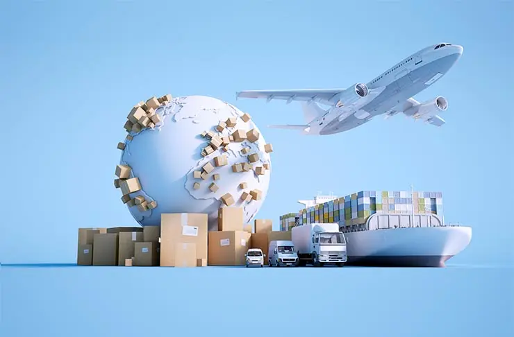 Various shipping methods (plane, van, truck, boat) and parcels displayed in front of and overtop of a globe