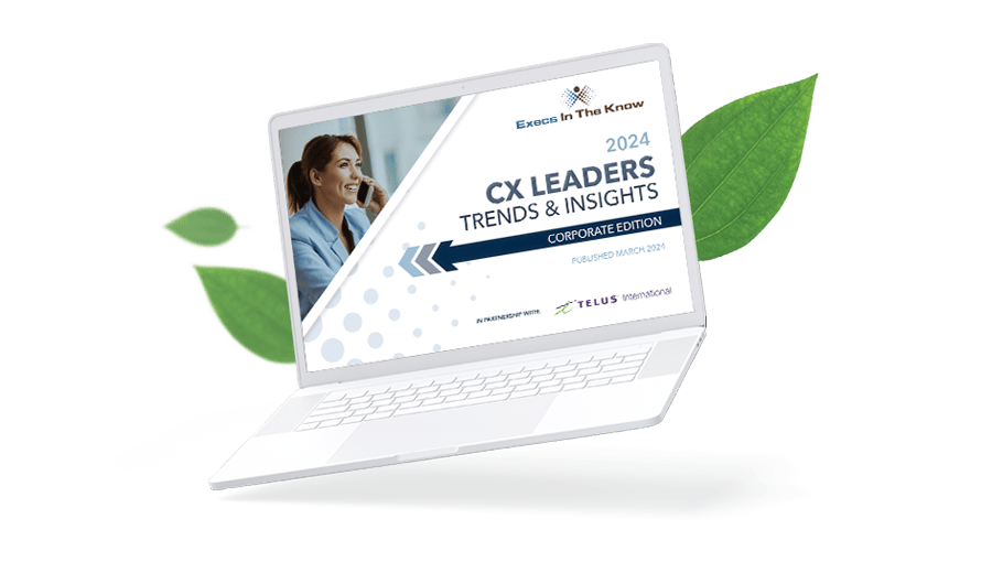 Preview image of the 2024 CX Leaders Trends & Insights report being displayed on a laptop screen and accompanied by some leaves