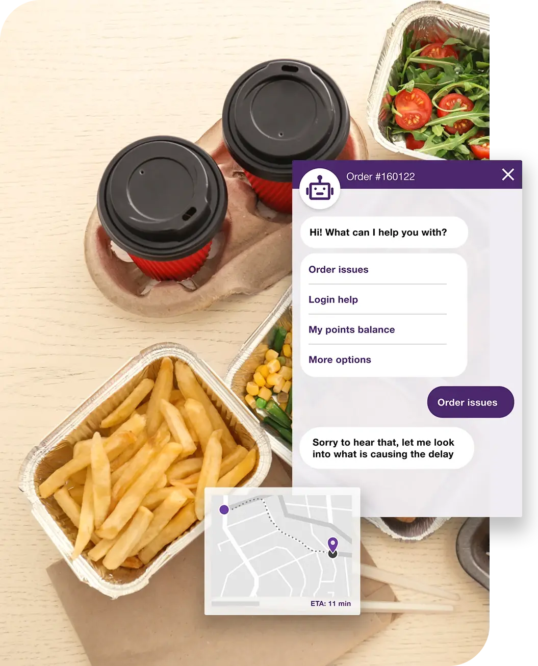 french fries and coffee along with an overlay of a chatbot conversation
