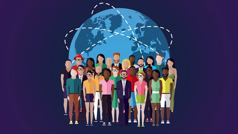 Illustration of a diverse group of people standing in front of a globe, meant to symbolize impact sourcing