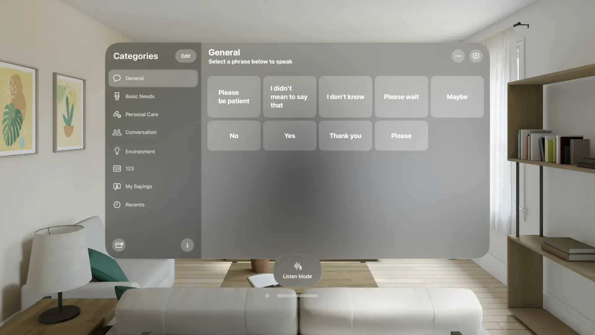 Soundboard of the Vocable AAC app as it appears on the Apple Vision Pro