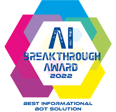 Colorful graphic that says AI Breakthrough Award 2022 for Best Informational Bot Solution