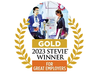 A logo for Gold winners of the 2023 Stevie Award for Great Employers.