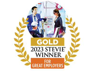 A logo for Gold winners of the 2023 Stevie Award for Great Employers.