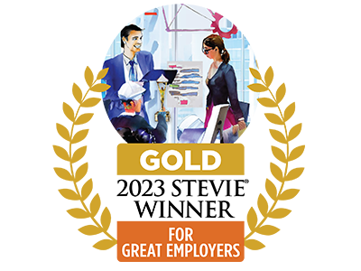 A logo for Gold winners of the 2023 Stevie Award for Great Employers.